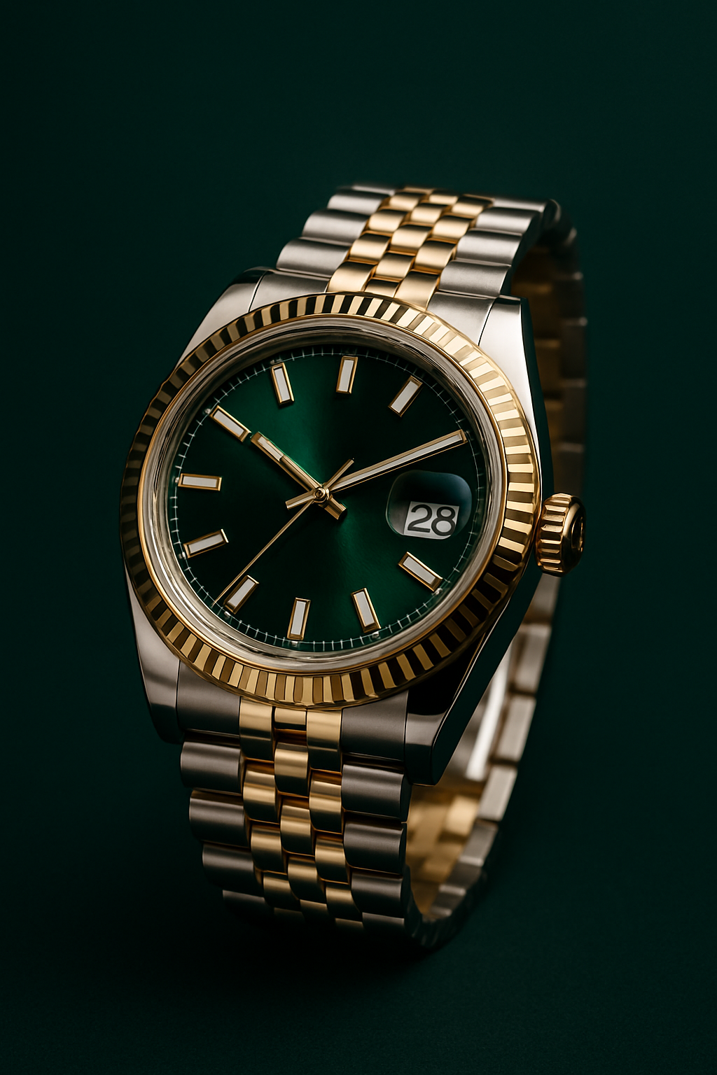 High‑end watch on emerald and gold background
